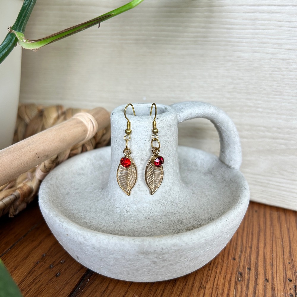 Gold Leaf Earrings with‎ Red Rhinestone Drop Dangle Fashion Jewelry for Women - Picture 5 of 5
